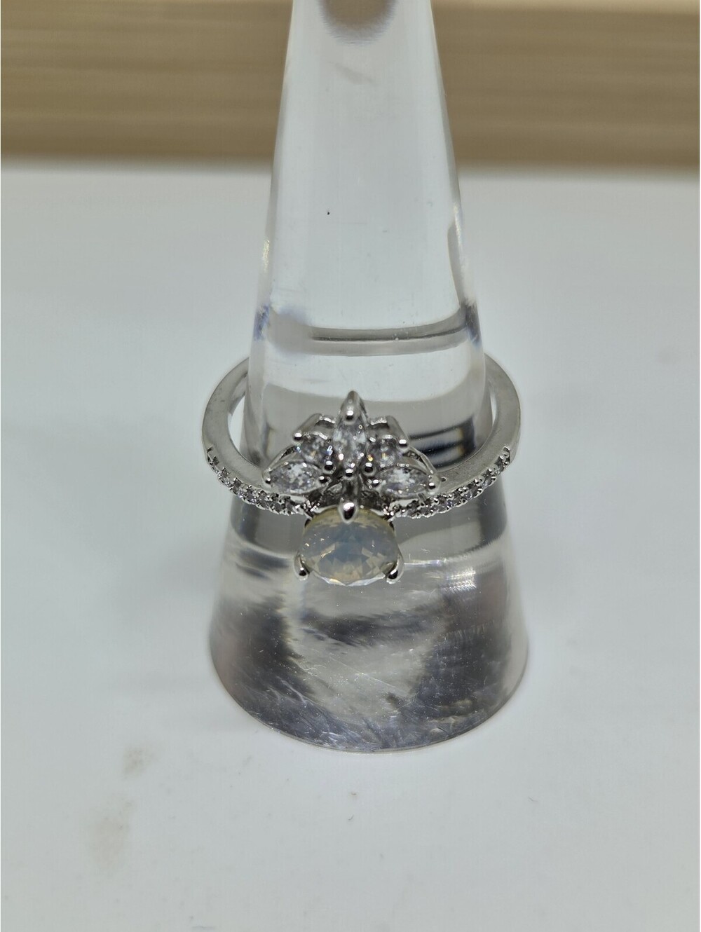 Fragrant Jewels Moonstone Floral Ring Size 8 Silver Tone Clear Crystal